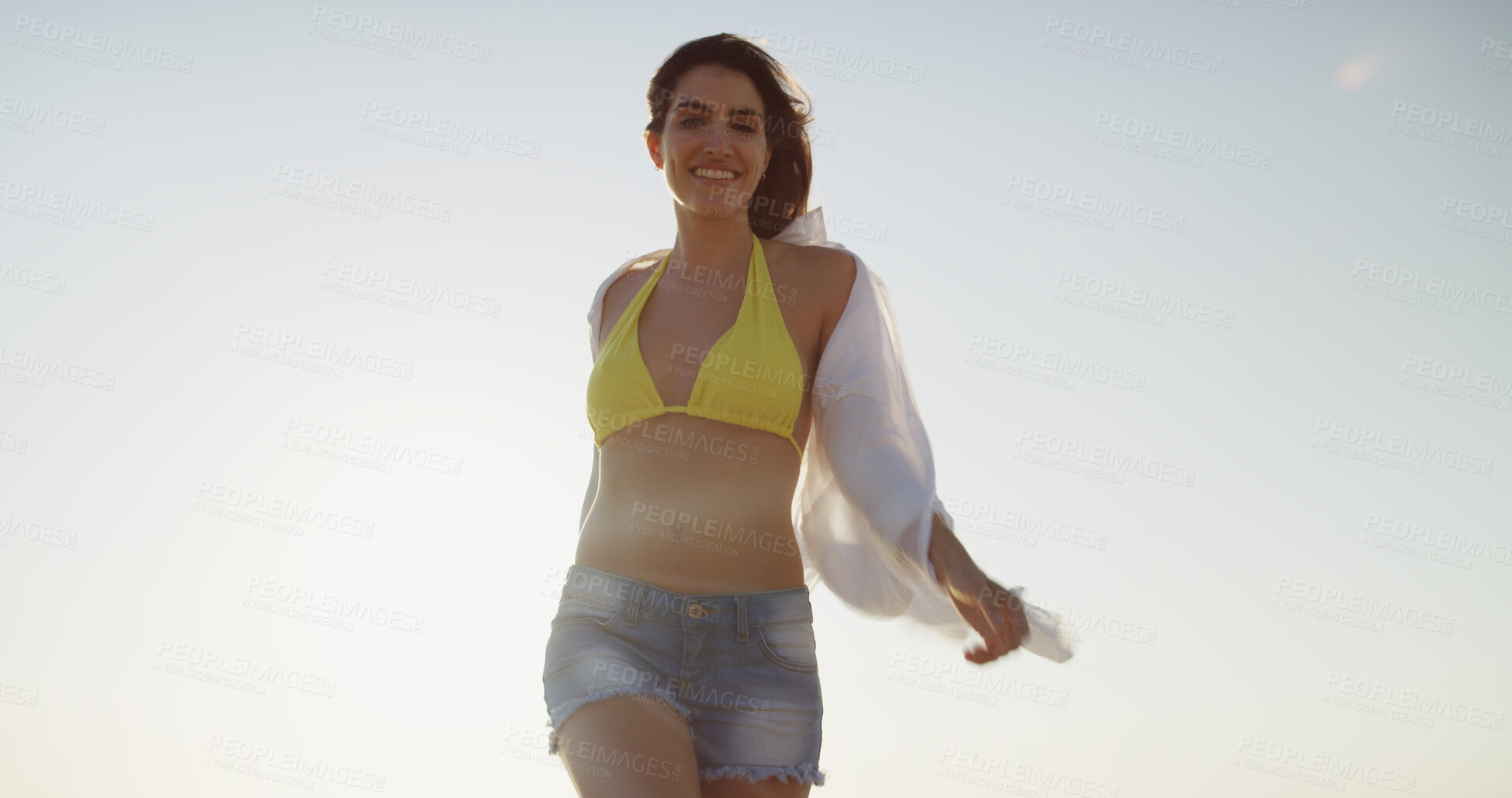 Buy stock photo Woman, swimsuit and outdoor for vacation portrait, explore summer and blue sky for Bali wellness. Female person, travel location and holiday in nature for wanderlust, confident bikini and low angle