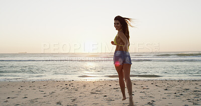 Buy stock photo Woman, running and beach for vacation portrait, explore summer and travel to tropical island. Female person, ocean location and holiday in nature for wanderlust, tourist and Bali adventure by sea