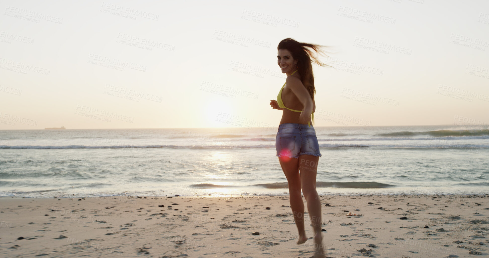 Buy stock photo Woman, running and beach for vacation portrait, explore summer and travel to tropical island. Female person, ocean location and holiday in nature for wanderlust, tourist and Bali adventure by sea
