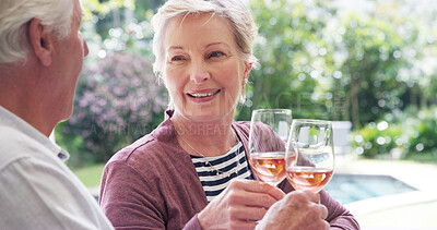 Buy stock photo Family, toast and mature couple with wine, brunch and celebrate holiday or vacation together. Love, cheers and retirement for man, woman and happy people bonding at lunch with alcohol beverage