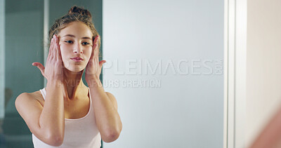 Buy stock photo Skincare, morning and routine with woman in bathroom of home for hygiene or natural beauty. Collagen, dermatology and facial with reflection of person in mirror at apartment for cosmetics or wellness