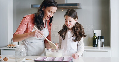 Buy stock photo Mom, girl and baking with home, kitchen and learning with ingredients for pastry or dessert or cake. Happy, woman and daughter help teaching for cooking pudding, cupcakes or bakery recipe in house