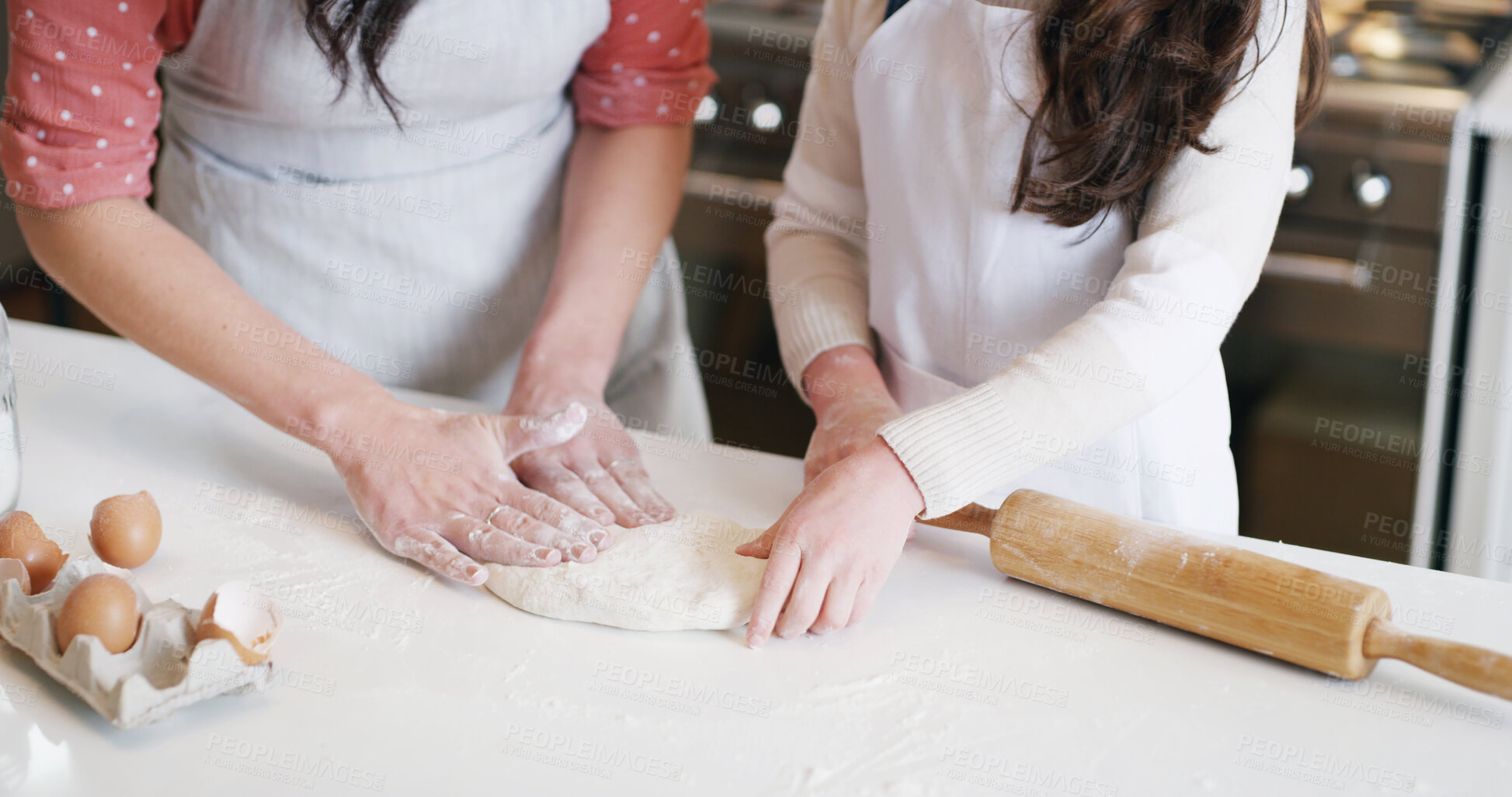 Buy stock photo Hands, cooking and mother with child in kitchen with dough for learning with pizza dinner. Rolling pin, eggs and mom teaching girl kid to bake with ingredients and utensils for dessert in home.