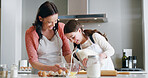 Mother, girl and baking with milk, kitchen and learning with ingredients for pastry and dessert or bread. Happy, woman and daughter help teaching for cooking pudding, cake or bakery recipe in house