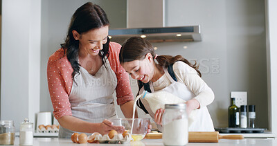 Buy stock photo Mother, girl and baking with milk, kitchen and learning with ingredients for pastry and dessert or bread. Happy, woman and daughter help teaching for cooking pudding, cake or bakery recipe in house
