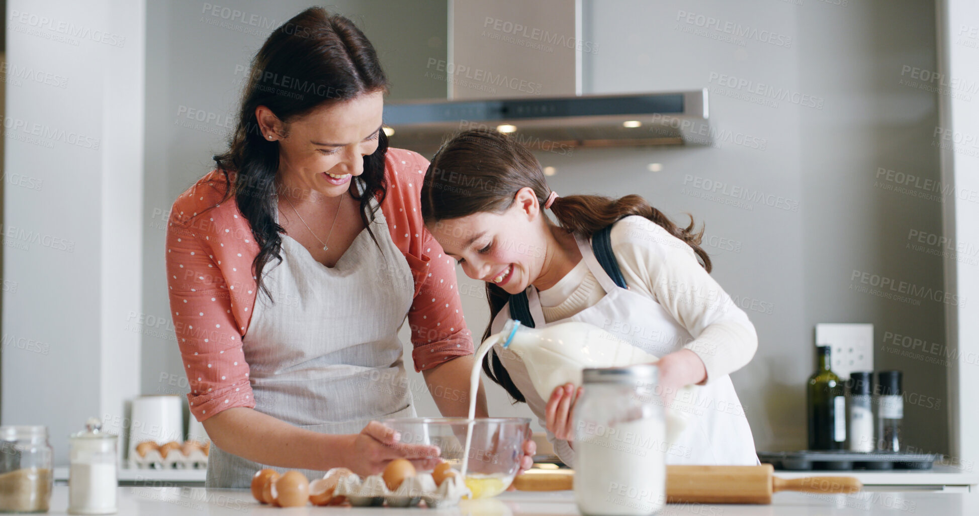 Buy stock photo Mother, girl and baking with milk, kitchen and learning with ingredients for pastry and dessert or bread. Happy, woman and daughter help teaching for cooking pudding, cake or bakery recipe in house