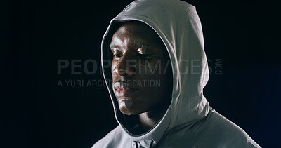 Buy stock photo Fitness, hoodie and black man in studio for training, boxing exercise and cardio workout for gym. Sports, thinking and face of person for wellness, bodybuilder and boxer challenge on dark background