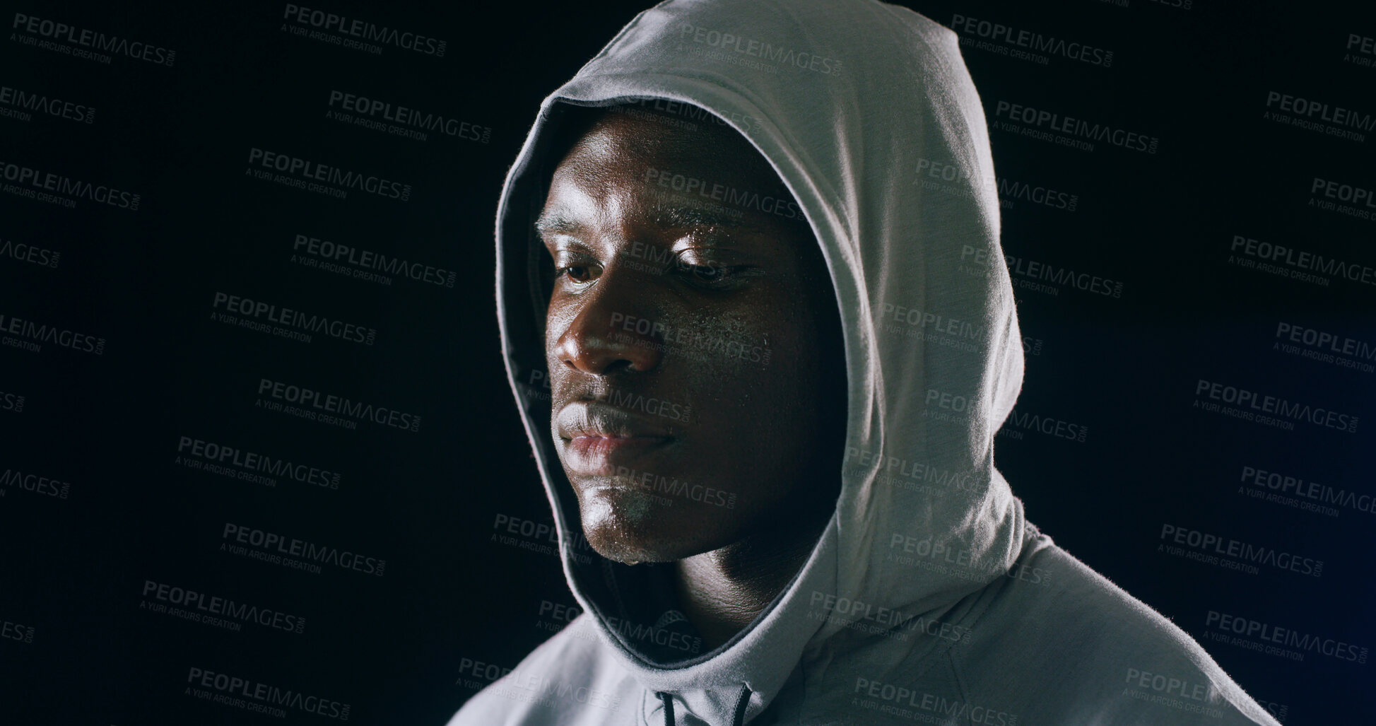 Buy stock photo Fitness, hoodie and black man in studio for training, boxing exercise and cardio workout for gym. Sports, thinking and face of person for wellness, bodybuilder and boxer challenge on dark background