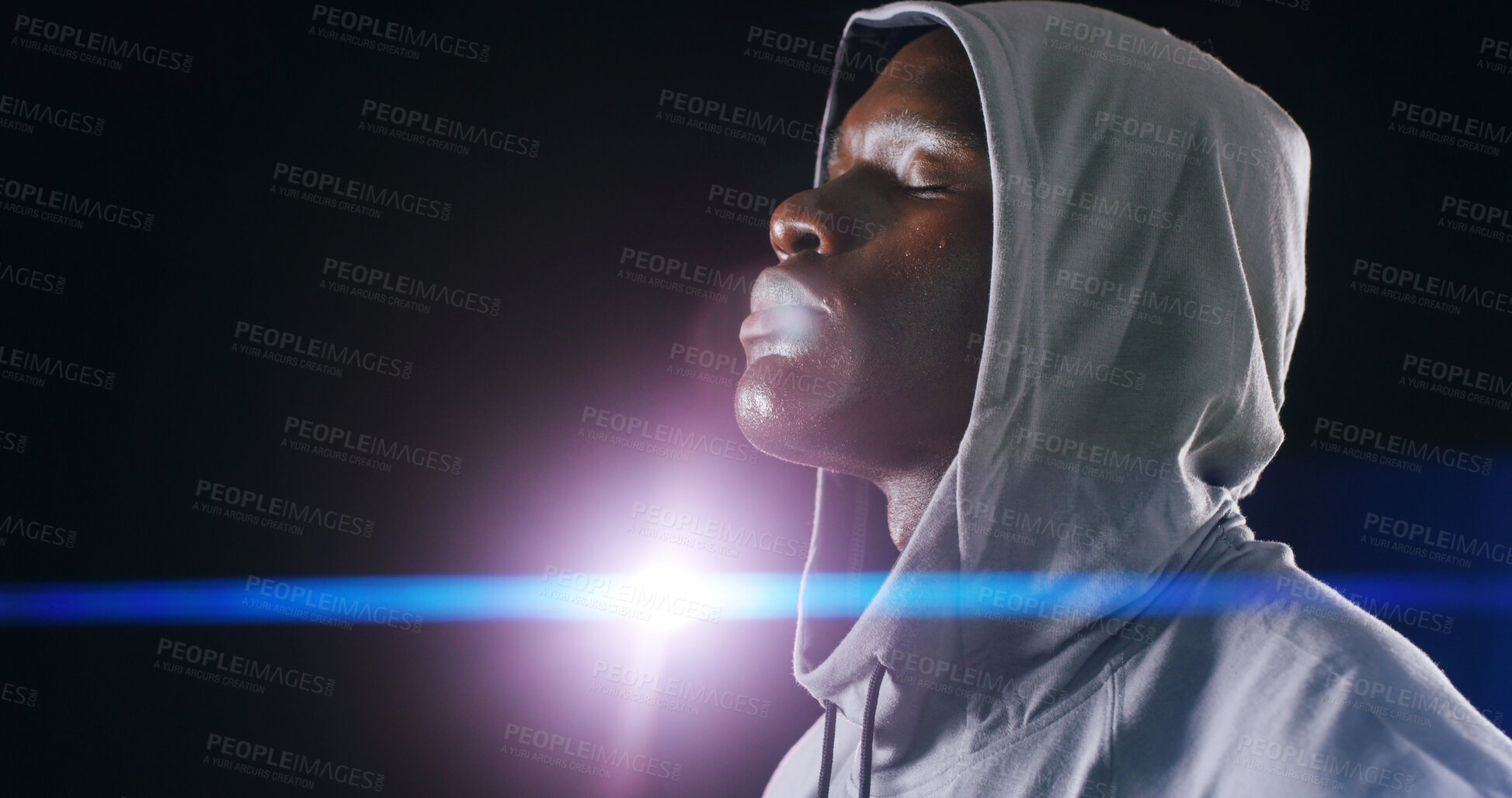 Buy stock photo Thinking, black man and training with hoodie in studio for sports, boxing exercise and bodybuilding. Athlete, reflection and lens flare of workout, planning routine and performance on dark background