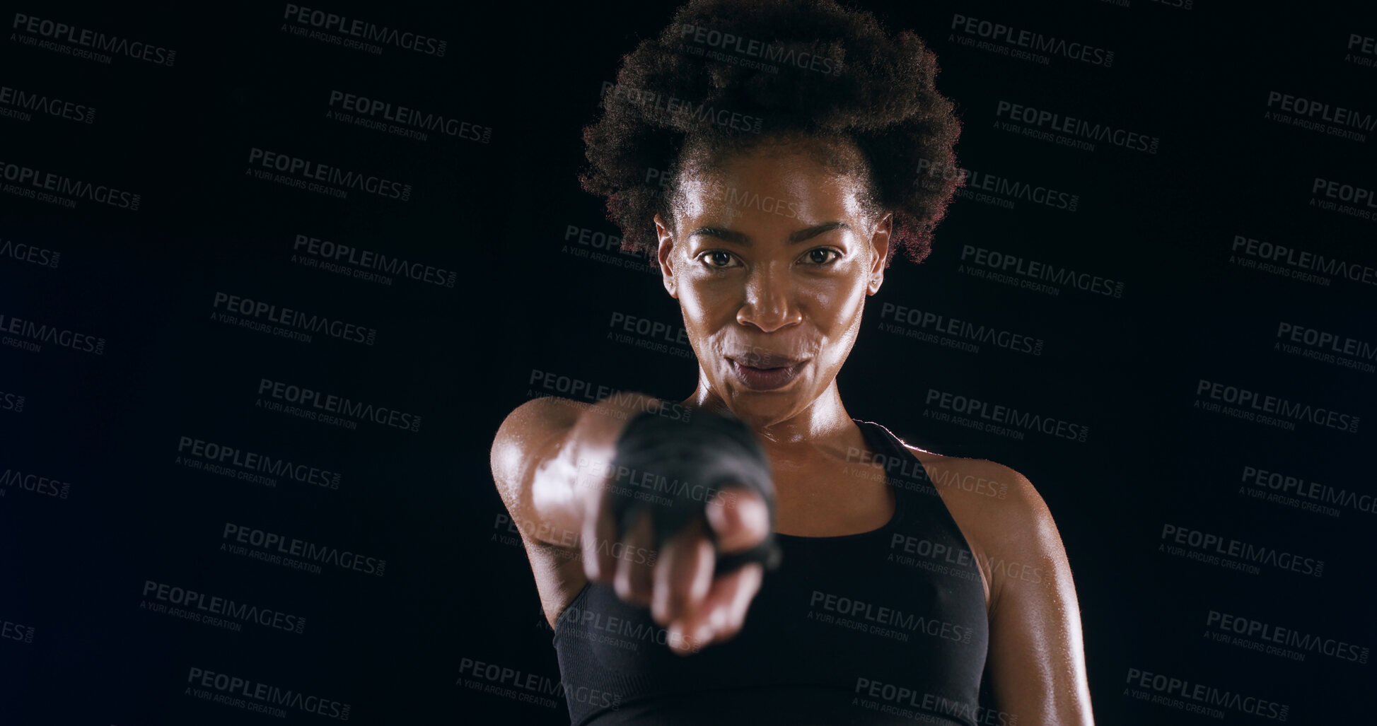 Buy stock photo Fitness, pointing and portrait with black woman in studio for exercise, health or wellness challenge. Choice, decision and vote with happy athlete on dark background for membership or recruitment