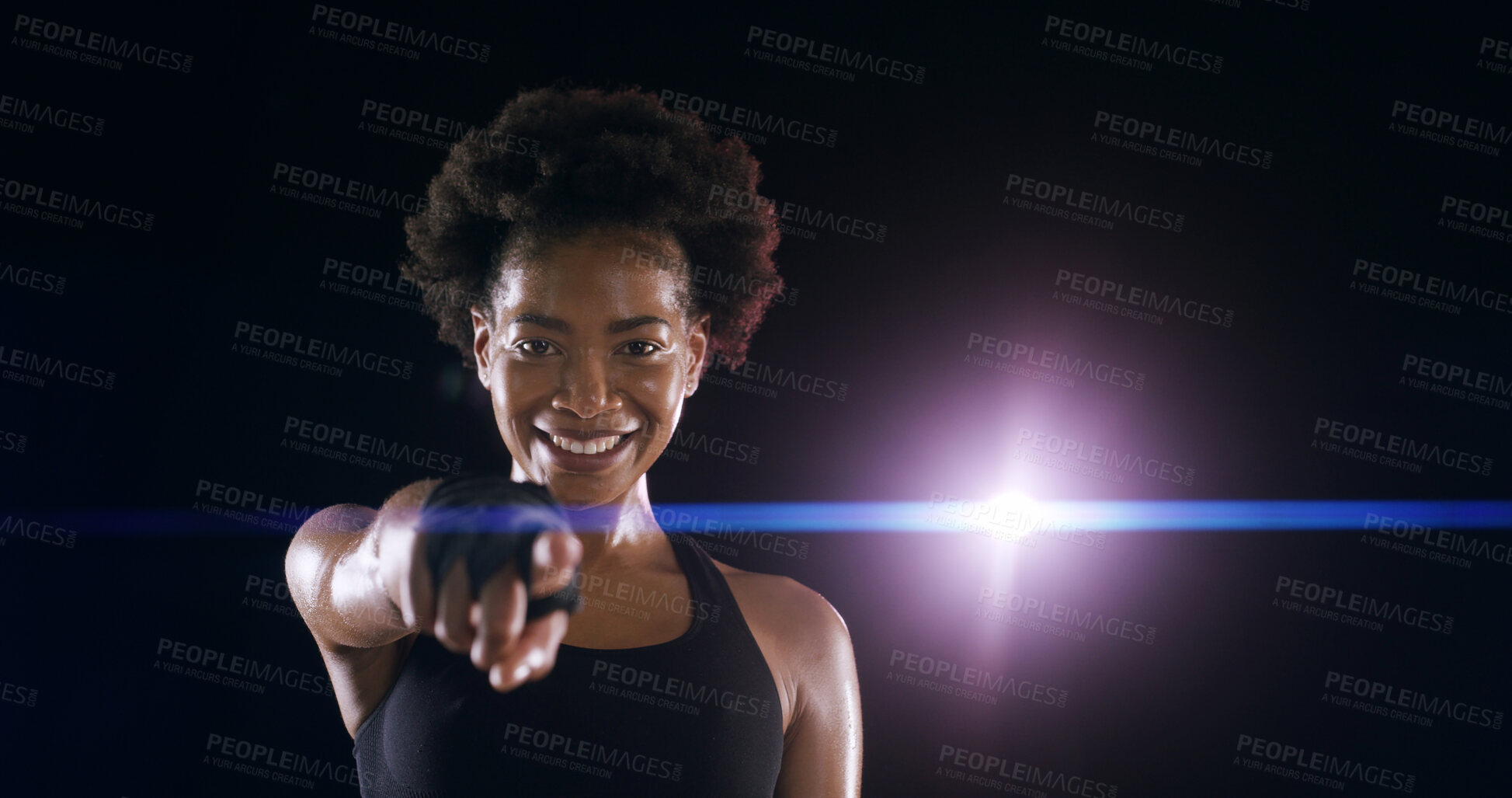 Buy stock photo Exercise, pointing and portrait with black woman in studio for fitness, health or wellness challenge. Choice, flare and vote with smile of athlete on dark background for membership or recruitment