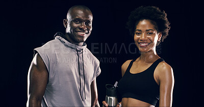 Buy stock photo Black man, woman and gym partner with smile, portrait and excited for progress with fitness by studio background. People, coach or personal trainer with pride, happy and exercise club in Nigeria