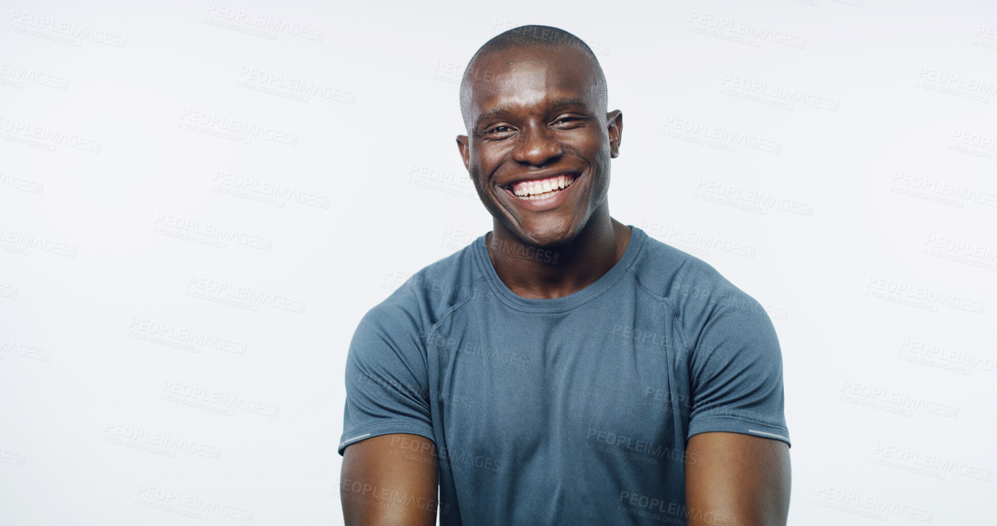 Buy stock photo Fitness, portrait and smile with black man on studio white background for training or workout. Exercise, health and wellness with happy personal trainer on mockup space for challenge or performance