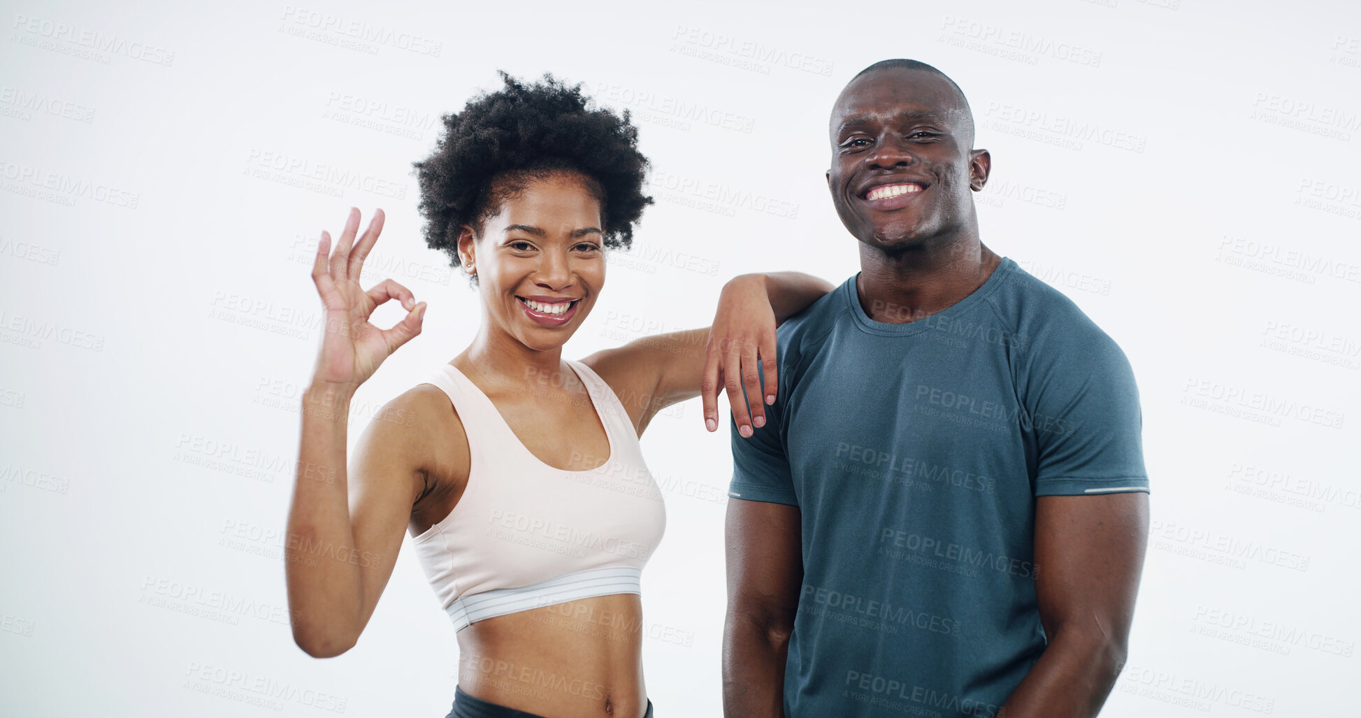 Buy stock photo Okay sign, fitness and portrait of couple in studio for workout, exercise and training on white background. Sports, African and man and woman with success emoji for agreement, thank you and approve