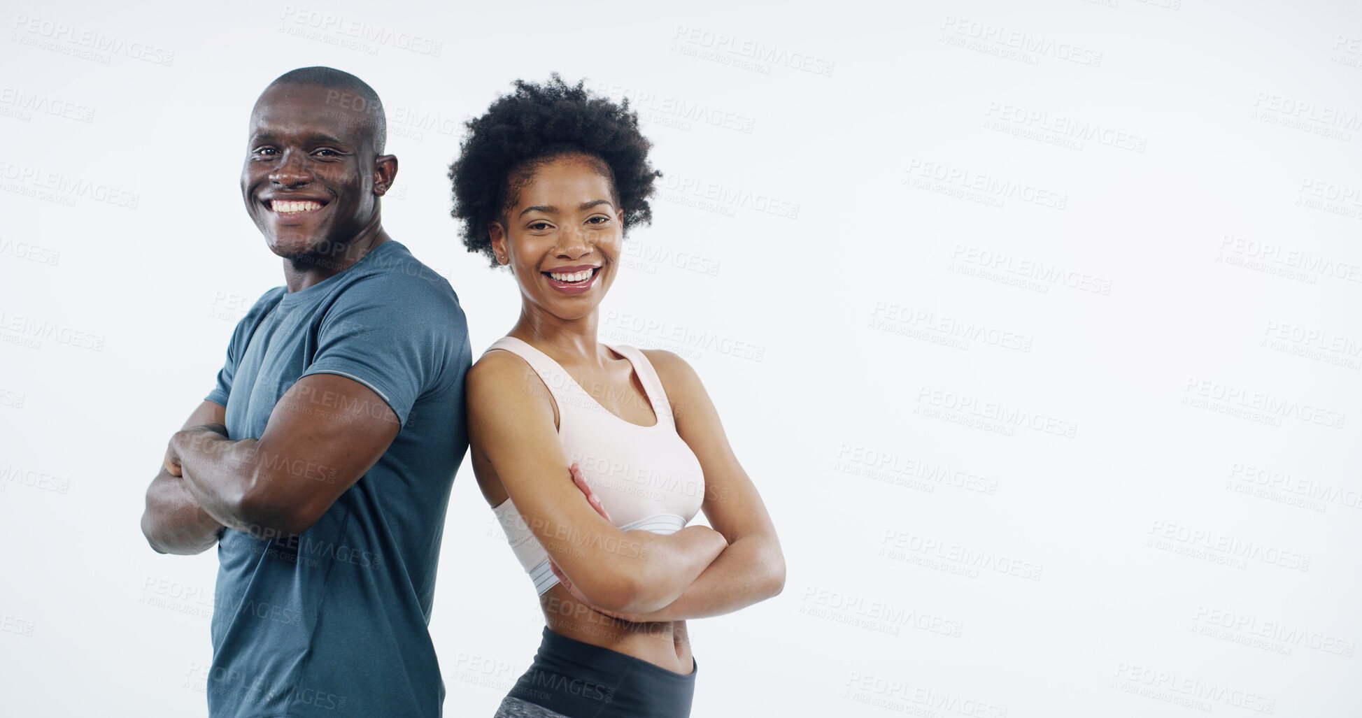 Buy stock photo Portrait, fitness and black couple with arms crossed, smile and exercise on white studio background. Face, people and man with woman, workout and motivation with support, wellness and healthy