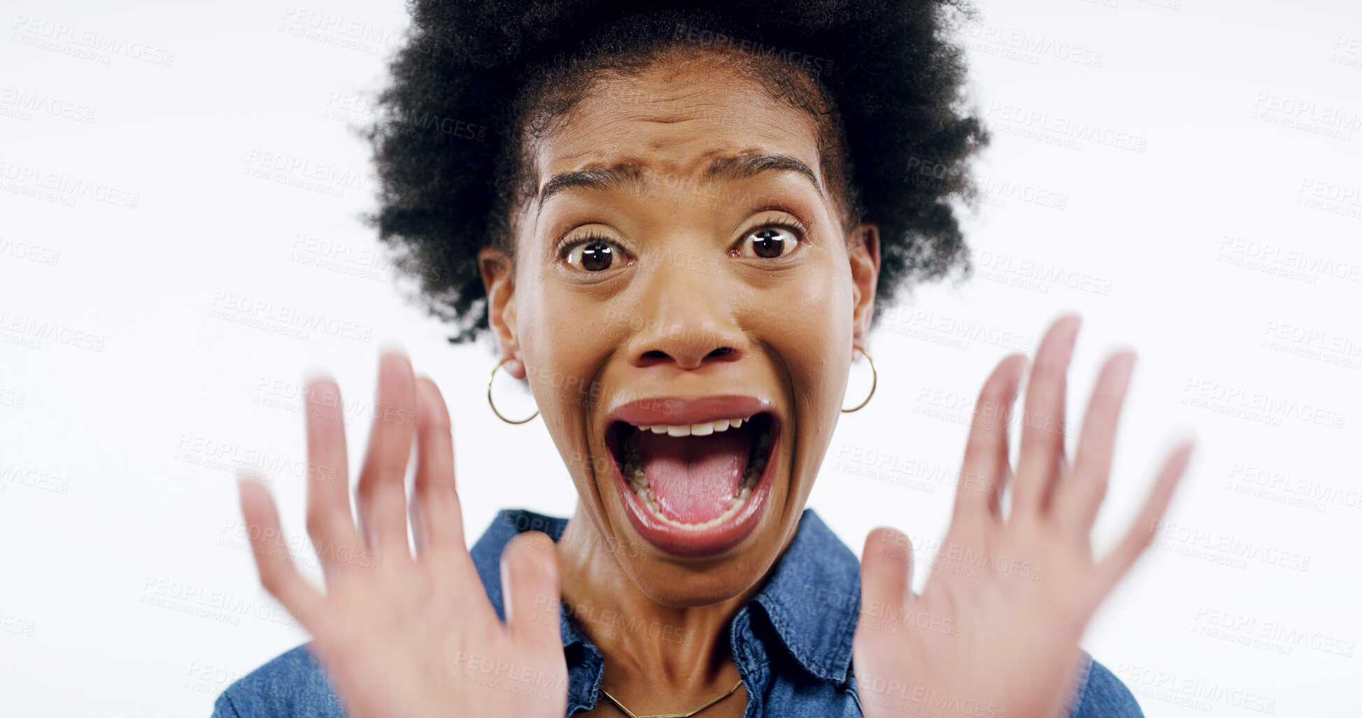 Buy stock photo Portrait, shocked and black woman with expression, winner and shouting on white studio background. African person, face and model with reaction, wow or surprise with announcement or excited for sales