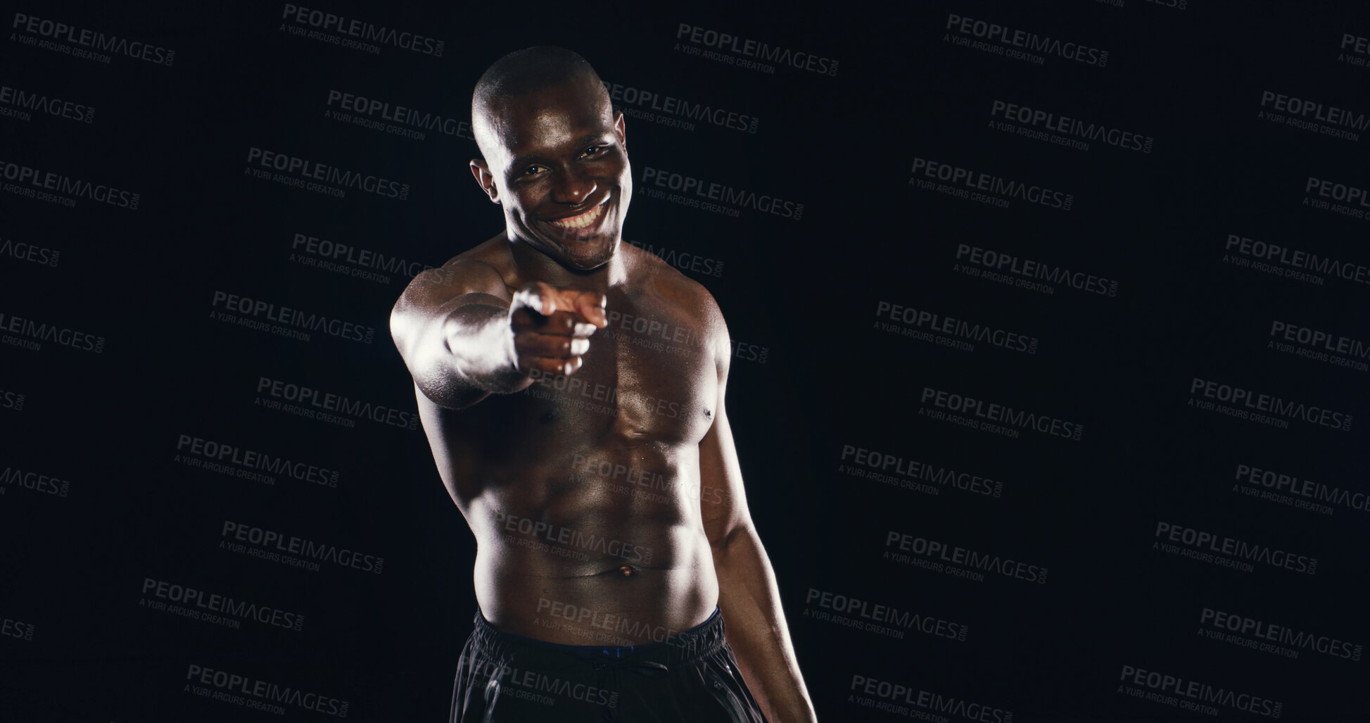 Buy stock photo Fitness, pointing and portrait with black man on dark background for exercise, health or wellness challenge. Choice, smile and vote with shirtless athlete in studio for membership or recruitment