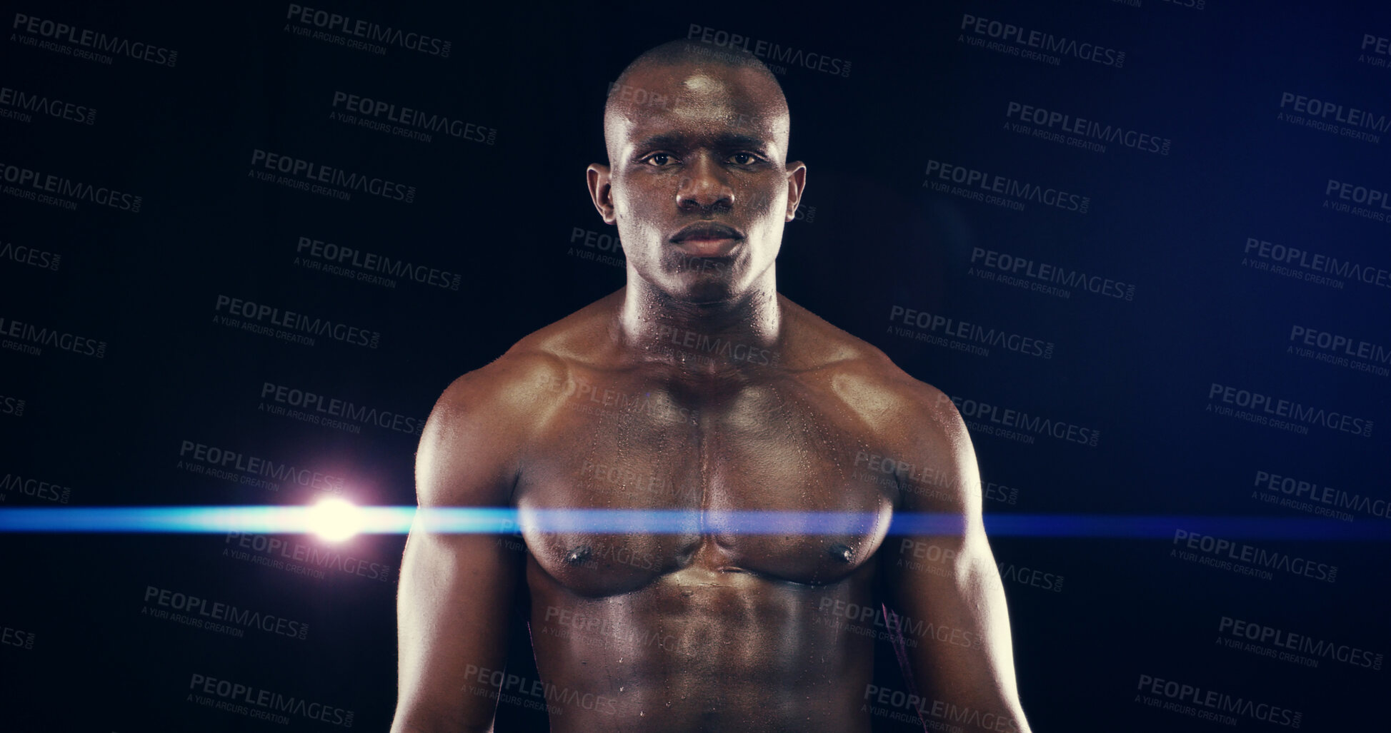 Buy stock photo Serious, boxer and portrait of black man in studio for match, challenge or competition training. Shirtless, sports and shirtless African male athlete with muscles for workout by black background.