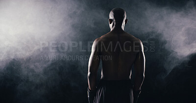 Buy stock photo Thinking, black man and back for bodybuilding in studio of strong muscle, training and reflection. Athlete, smoke and planning with exercise routine, progress ideas and competition on dark background