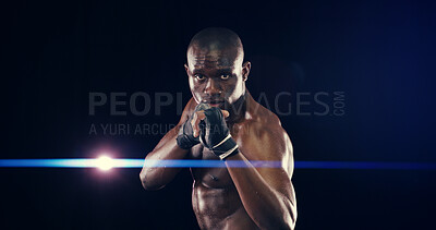 Buy stock photo African man, fist and portrait for martial arts in studio with gloves, power and fitness by black background. Person, athlete and ready for combat sports, contest or competition with pride in Nigeria