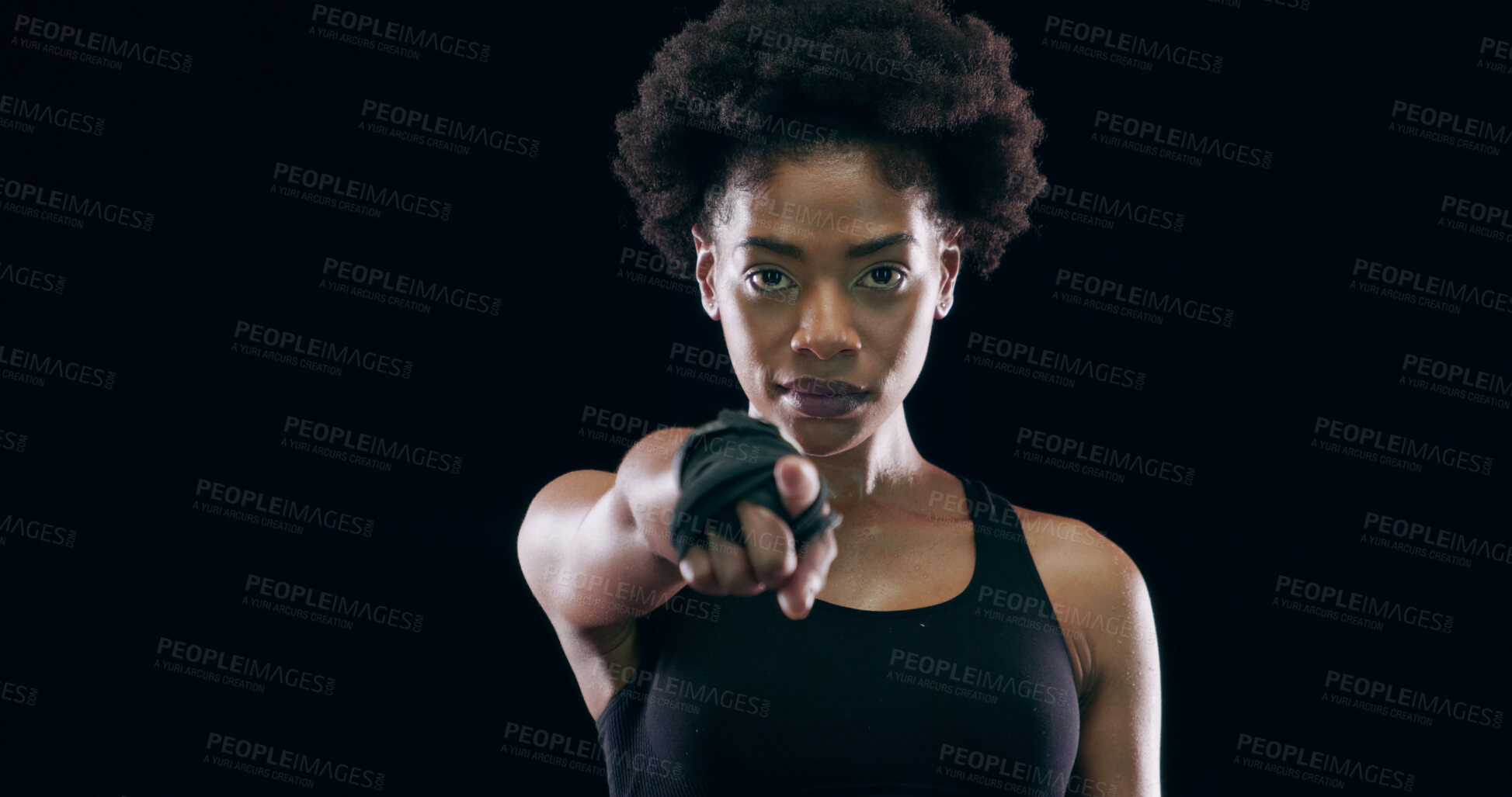 Buy stock photo Woman, pointing and portrait in studio for fitness, choose you and sign up invite at mockup. African athlete, confident or select on black background space for motivation, join us or trainer in Kenya