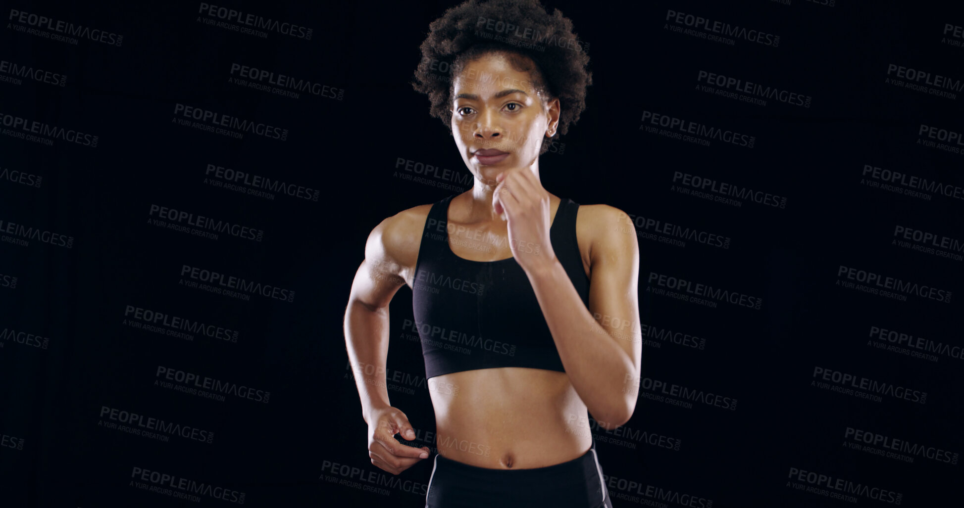 Buy stock photo Fitness athlete, african woman or running in studio for marathon training, competition exercise or wellness. Mockup space, runner or cardio workout on black background for performance or healthy body