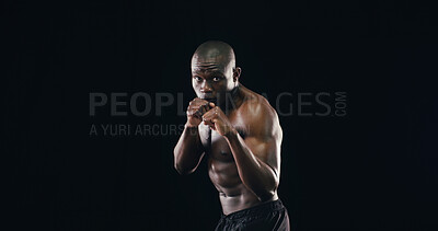 Buy stock photo Black man, boxer workout and studio for challenge, fitness and battle courage on background. Male person, performance training and strong power with martial arts, portrait and athlete on mockup space