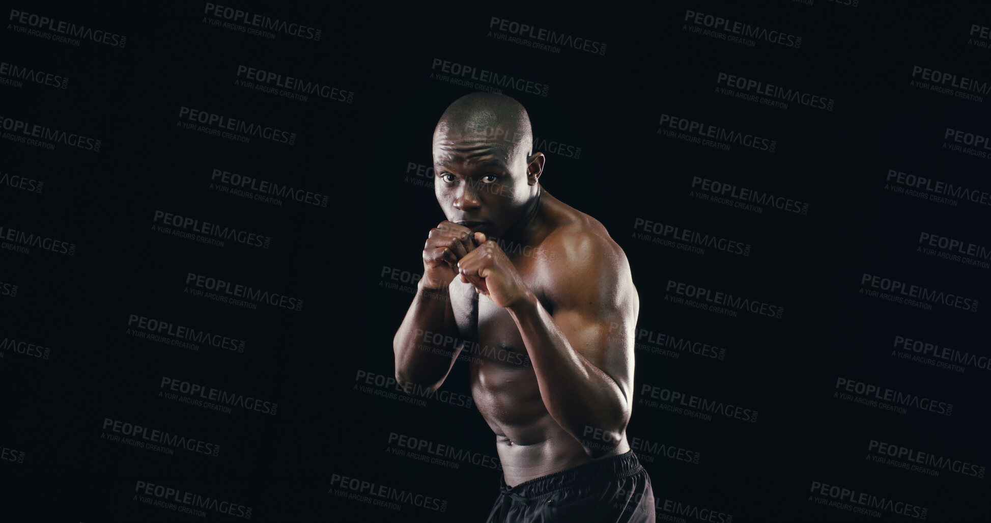 Buy stock photo Black man, boxer workout and studio for challenge, fitness and battle courage on background. Male person, performance training and strong power with martial arts, portrait and athlete on mockup space