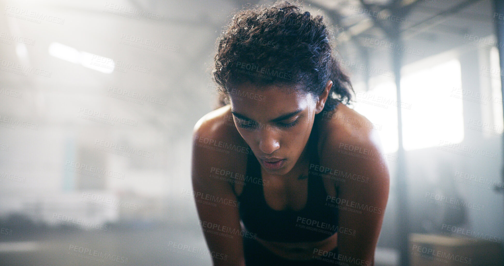 Buy stock photo Fitness, breathing and tired woman on break in gym for intense workout, fatigue or exercise recovery. Rest, hard work or athlete sweat in sports club for wellness, body health or training challenge