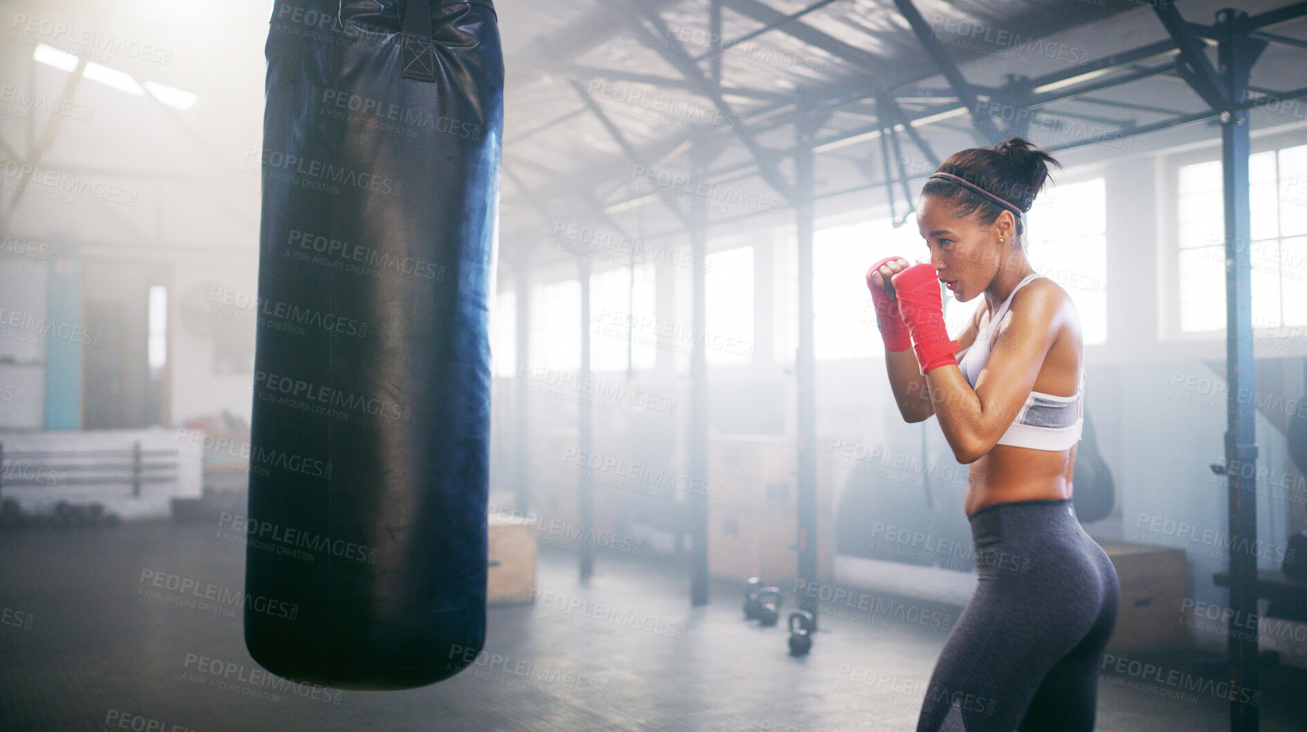 Buy stock photo Fitness, kickboxing and woman in gym for training with challenge, workout or competition. Sports, strength and female athlete with cardio exercise, activity or hobby in health club with skill.
