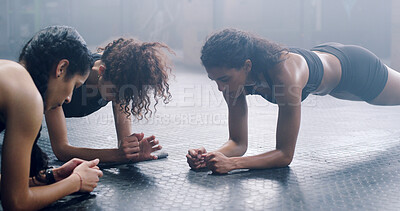 Buy stock photo Exercise, plank and strength with woman friends on floor of gym together for training or workout. Balance, fitness and power with group of athlete people in health club for challenge or performance