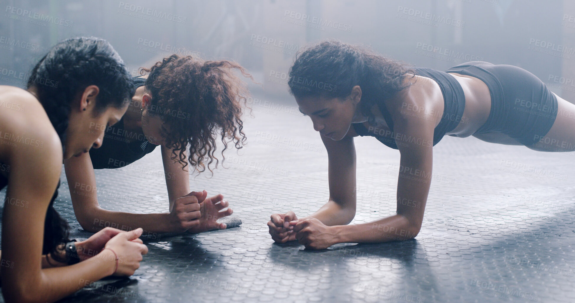 Buy stock photo Exercise, plank and strength with woman friends on floor of gym together for training or workout. Balance, fitness and power with group of athlete people in health club for challenge or performance