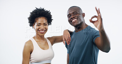 Buy stock photo Okay sign, fitness and portrait of couple in studio for workout, exercise and training on white background. Sports, happy and African man and woman with emoji for agreement, thank you and approve