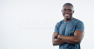 Buy stock photo Arms crossed, fitness and portrait with black man on studio white background for training or workout. Exercise, health and smile with happy personal trainer on mockup space for challenge or progress