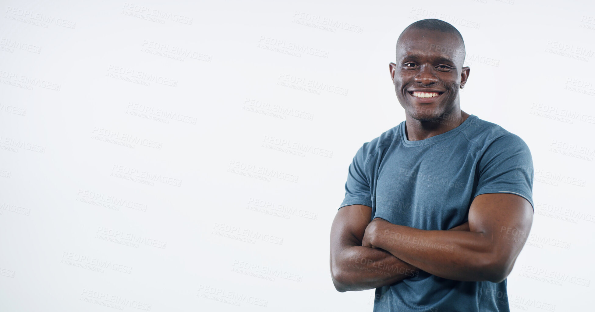 Buy stock photo Arms crossed, fitness and portrait with black man on studio white background for training or workout. Exercise, health and smile with happy personal trainer on mockup space for challenge or progress