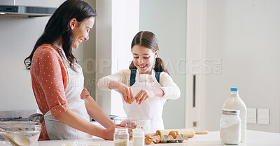 Buy stock photo Happy, baking and mother with child in kitchen with dough for learning with cookies or biscuits. Tray, eggs and mom teaching girl kid to cook with ingredients and utensils for dessert in home.