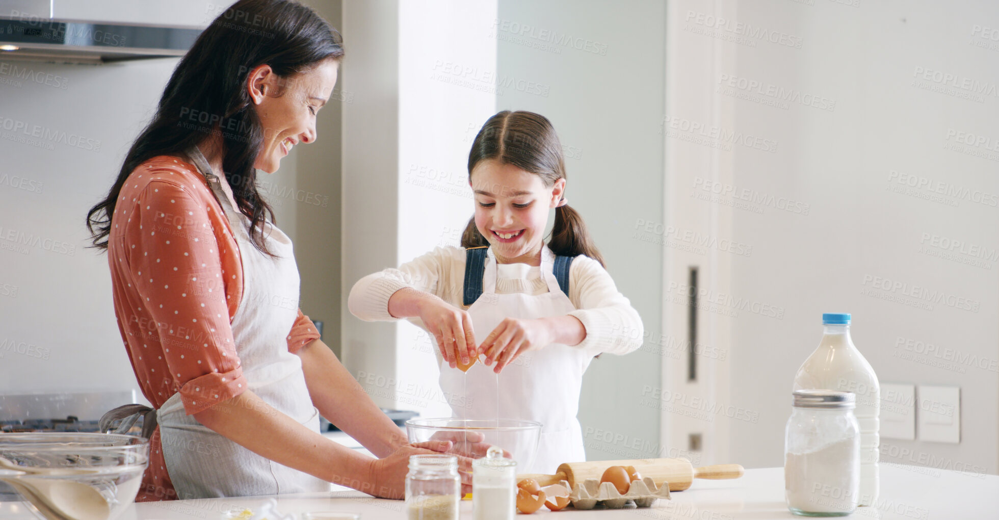 Buy stock photo Happy, baking and mother with child in kitchen with dough for learning with cookies or biscuits. Tray, eggs and mom teaching girl kid to cook with ingredients and utensils for dessert in home.
