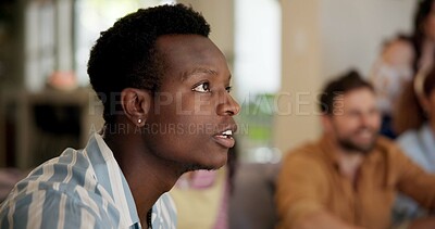 Buy stock photo Fans, watching tv and friends with man in living room for sports tournament, anxiety and streaming service. Game, nervous and football match with worried person at home for competition or waiting