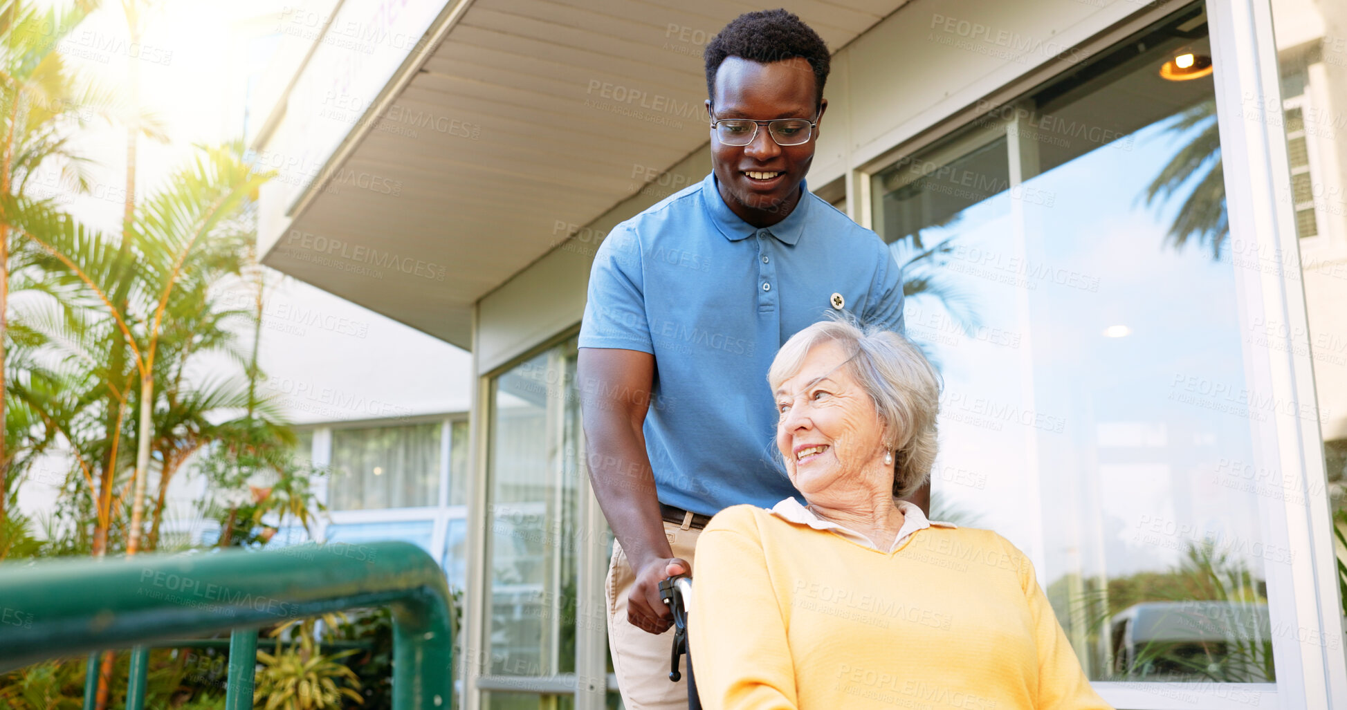 Buy stock photo Senior woman, nurse and elderly care with wheelchair for walk, support or assisted living at retirement home. Happy, medical worker or assistant with old patient or person with a disability at house