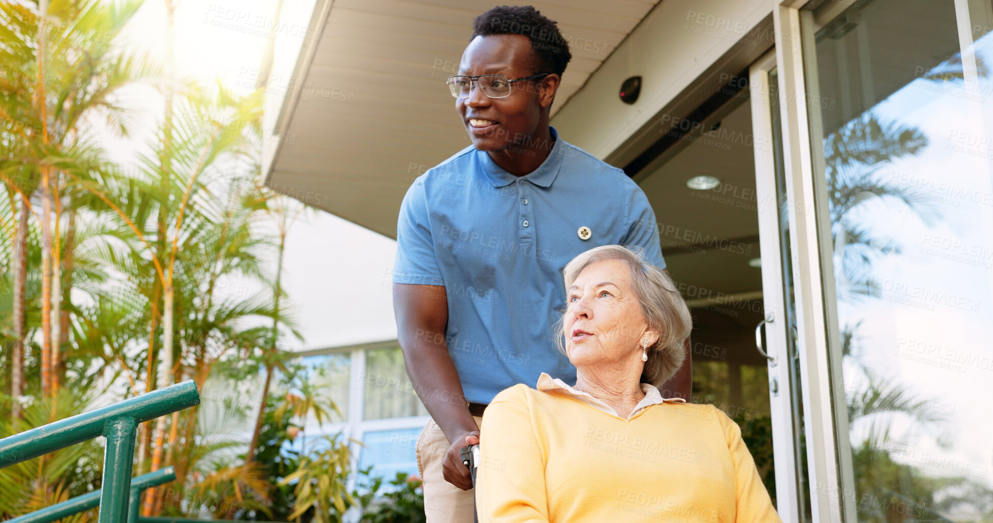 Buy stock photo Senior woman, nurse and wheelchair with caregiver for walk, support or assisted living in garden. Happy, assistant or medical worker with elderly patient or person with a disability at hospital