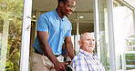 Nurse, help and healthcare with old man in wheelchair for rehabilitation, osteoarthritis and physiotherapy. Medical, retirement and caregiver with person with a disability for trust and elderly care
