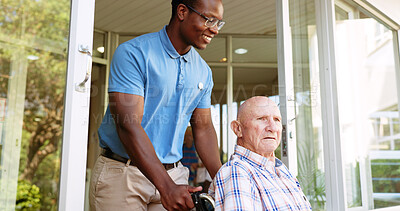 Buy stock photo Nurse, help and healthcare with old man in wheelchair for rehabilitation, osteoarthritis and physiotherapy. Medical, retirement and caregiver with person with a disability for trust and elderly care