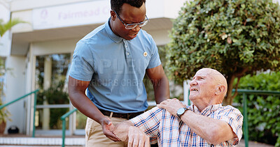 Buy stock photo Nurse, help and shoulder pain with old man outdoor for rehabilitation, osteoarthritis and physiotherapy. Medical, retirement and caregiver with senior person for trust, healthcare and elderly care