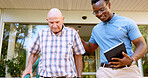 Walker, nurse and healthcare with old man outdoors for rehabilitation, support and osteoarthritis. Medical, walking and retirement with senior person with a disability in nursing home with caregiver