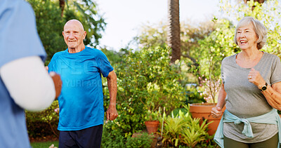 Buy stock photo Physiotherapy, class and coaching with old people, nurse outdoor for help for healthcare and support. Medical, rehabilitation and retirement with senior patient in nursing home for fitness club
