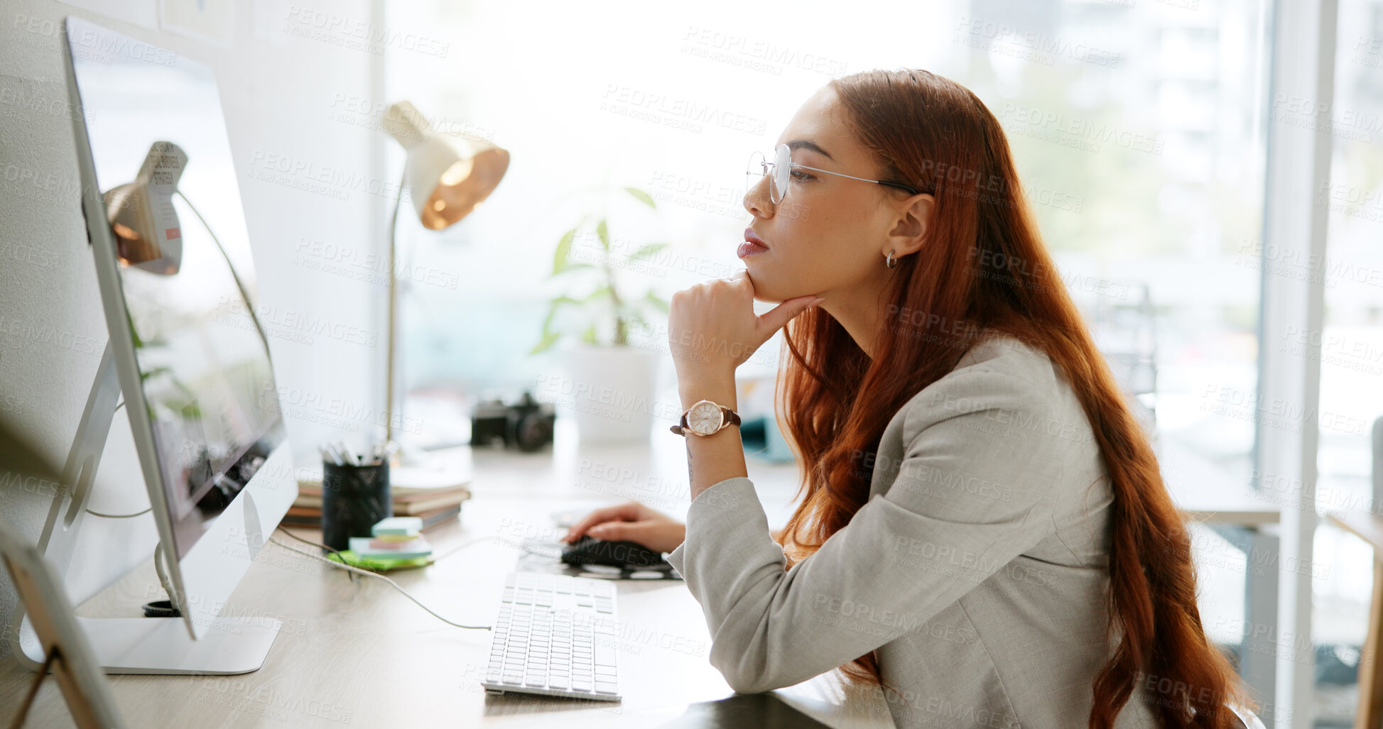 Buy stock photo Computer, reading and thinking with business woman in office for research, website and idea. Online, finance growth and email with person in agency for update, client portfolio and reflection
