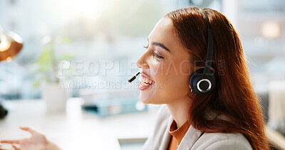 Buy stock photo Woman, talking and telemarketing employee in office, hotline operator and business service. Female person, call centre agent and helping with customer support, speaking and professional consultant