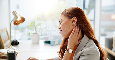 Buy stock photo Tired, neck pain and stress with business woman in office for deadline, fashion design burnout and overtime. Fatigue, frustrated and bored with person in creative agency for muscle strain and crisis