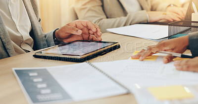 Buy stock photo Hands, business people and meeting on tablet for finance, accounting or bookkeeping in agency. Team, technology and career as payroll, management and professional in corporate bank for collaboration