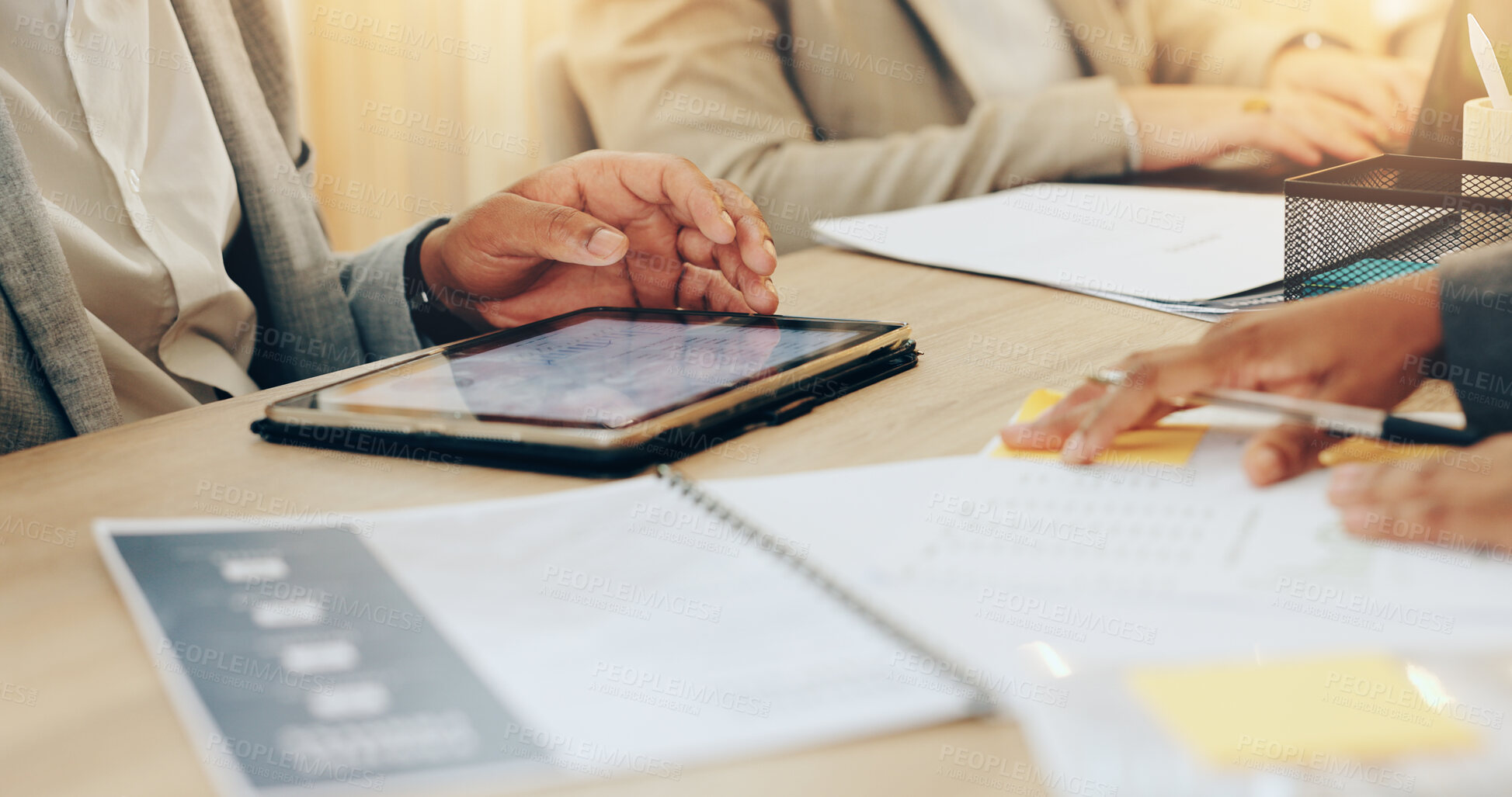 Buy stock photo Hands, business people and meeting on tablet for finance, accounting or bookkeeping in agency. Team, technology and career as payroll, management and professional in corporate bank for collaboration